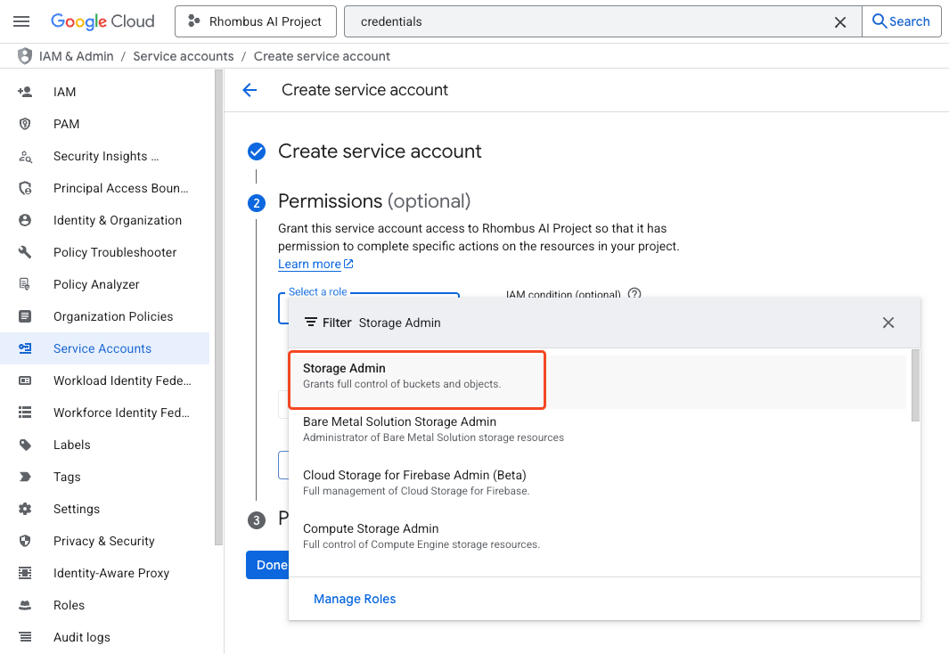 Select Storage Admin to access the project