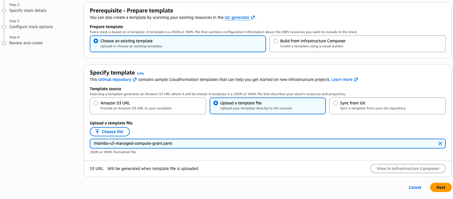 Upload the generated Rhombus AI template in AWS CloudFormation