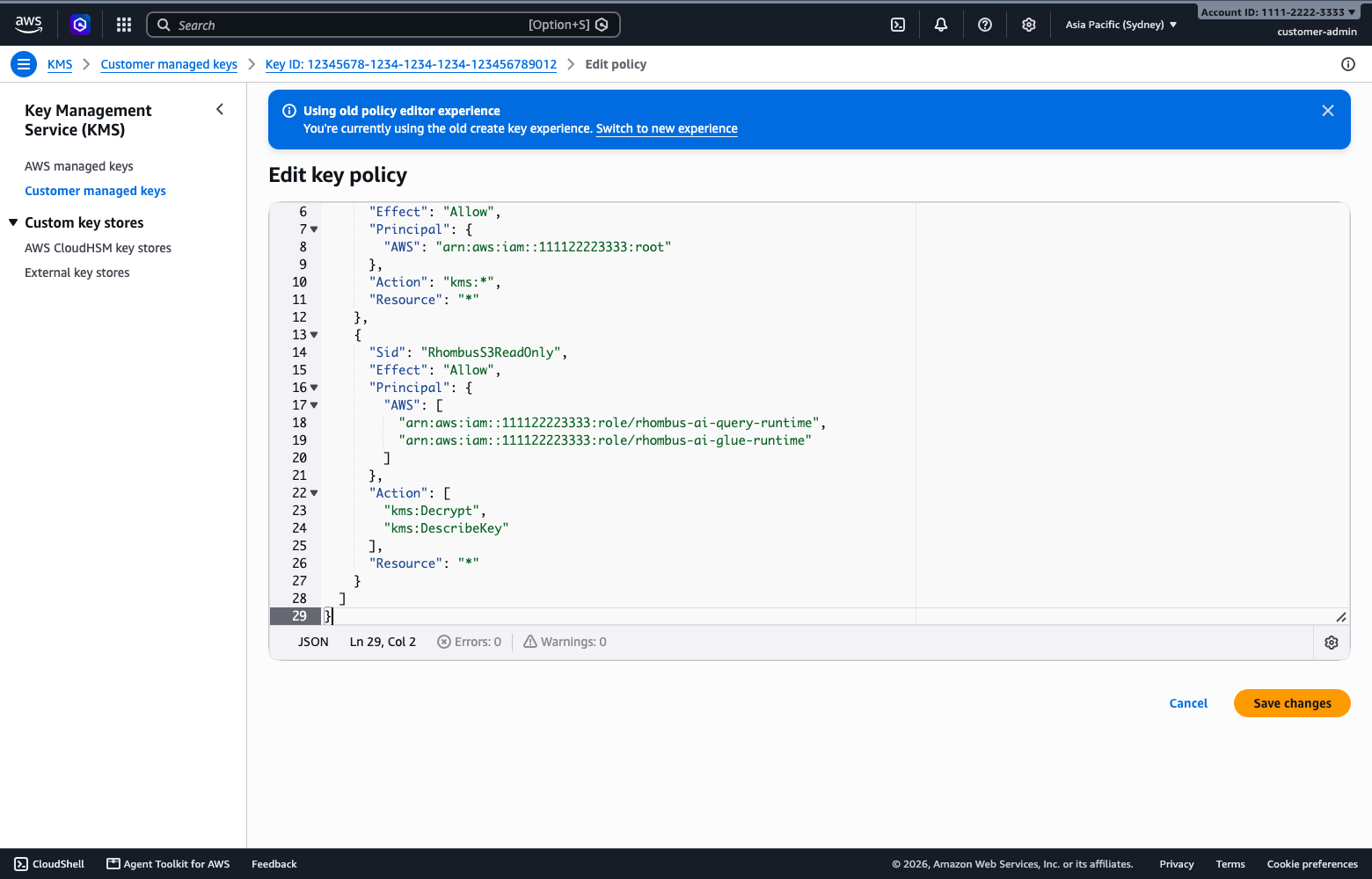 Add the generated Rhombus AI decrypt statement without replacing the existing KMS key policy