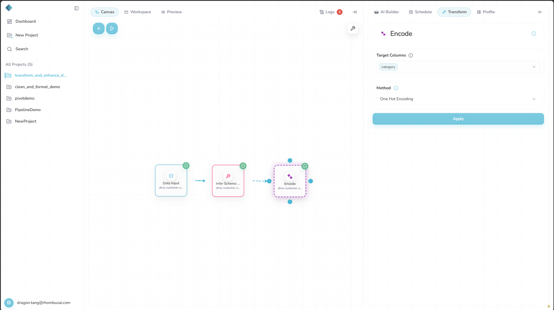 Encode with Infer Schema Type connected upstream