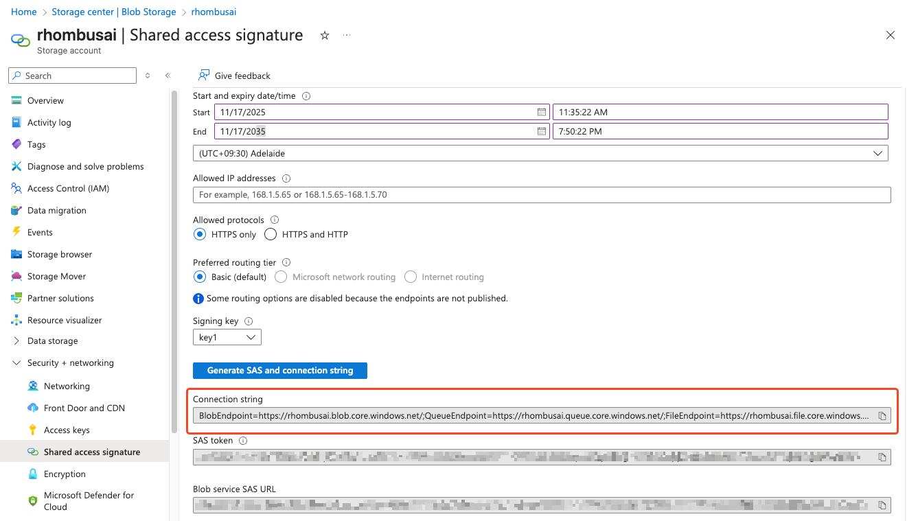 Generate SAS and connection string