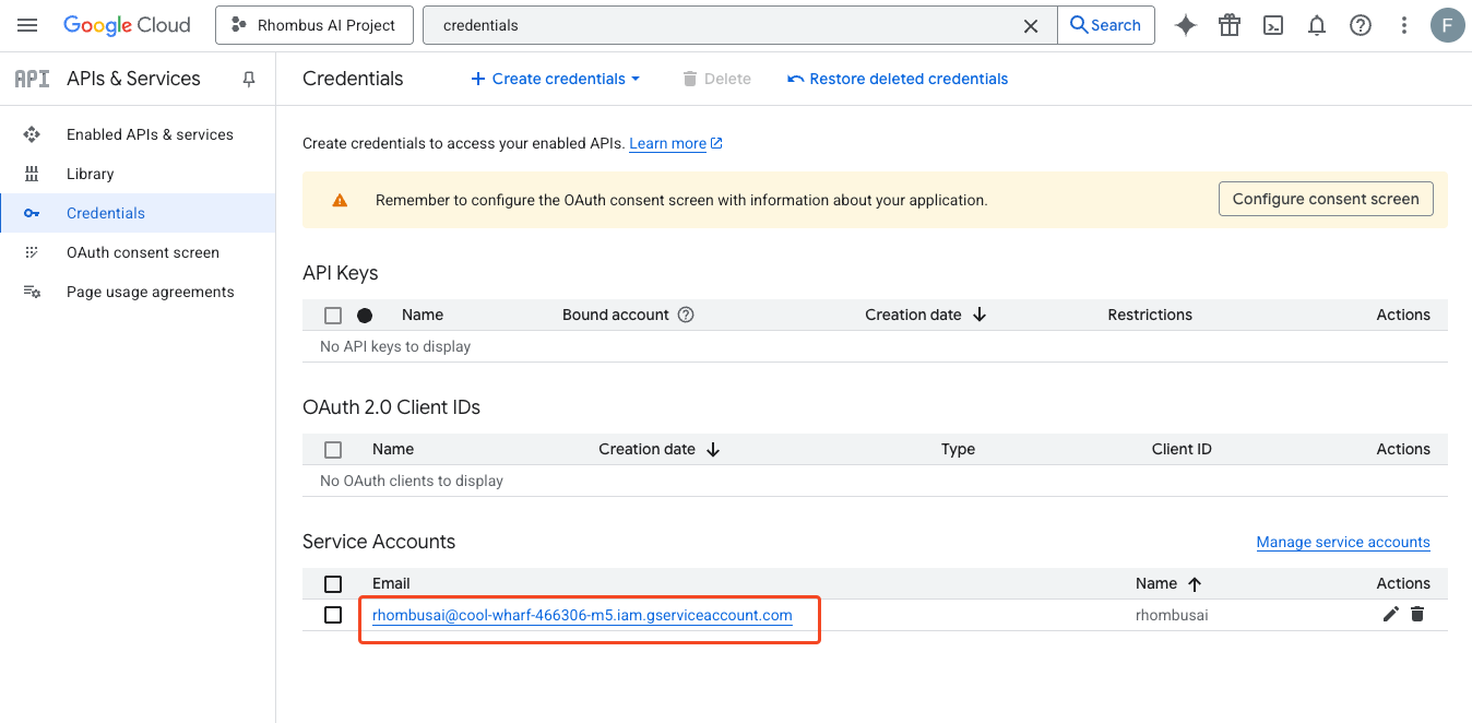 select created service account