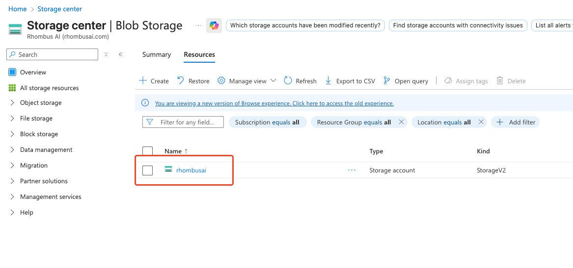 Select the desired storage account