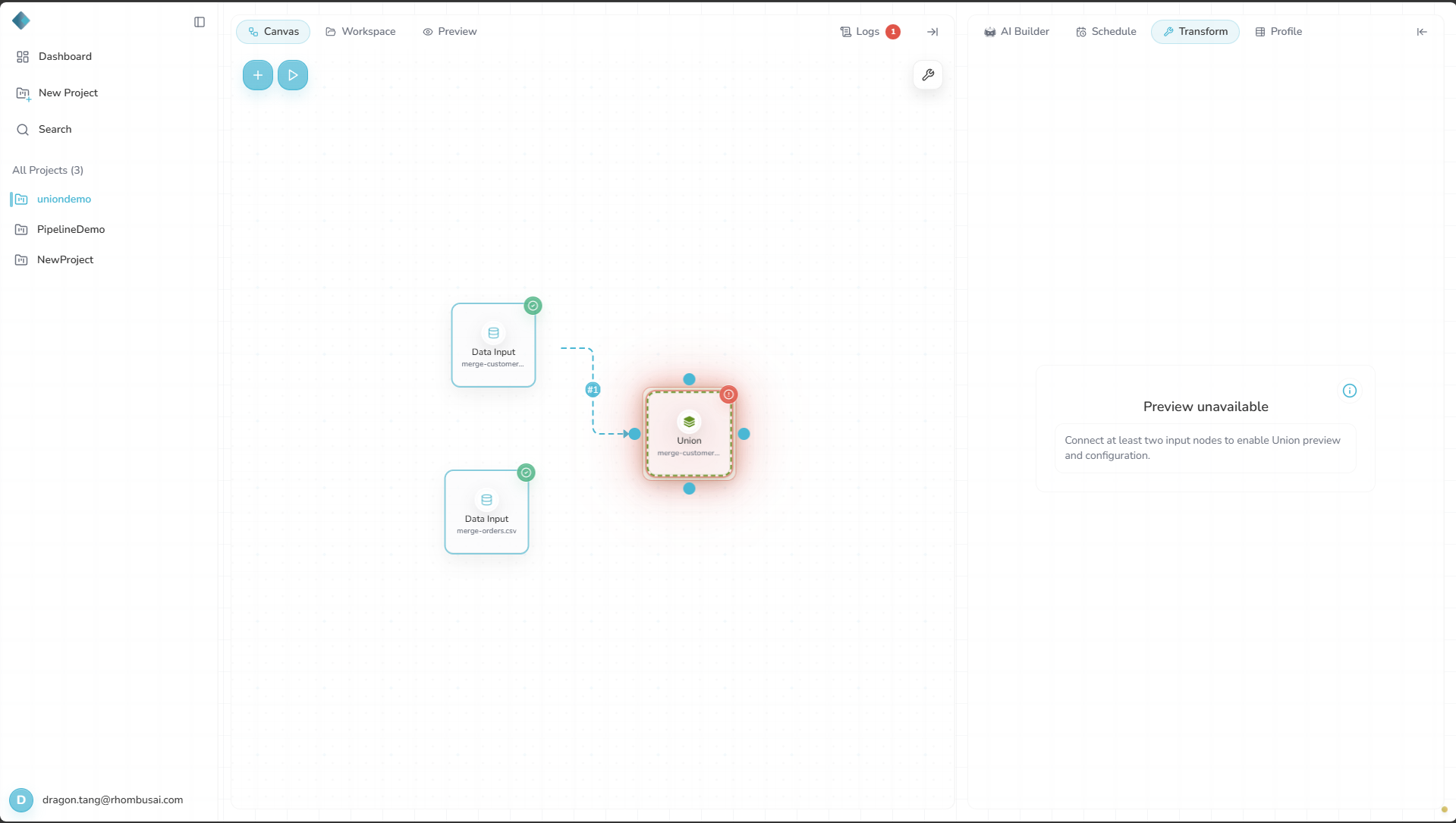 Union preview unavailable with only one connected input