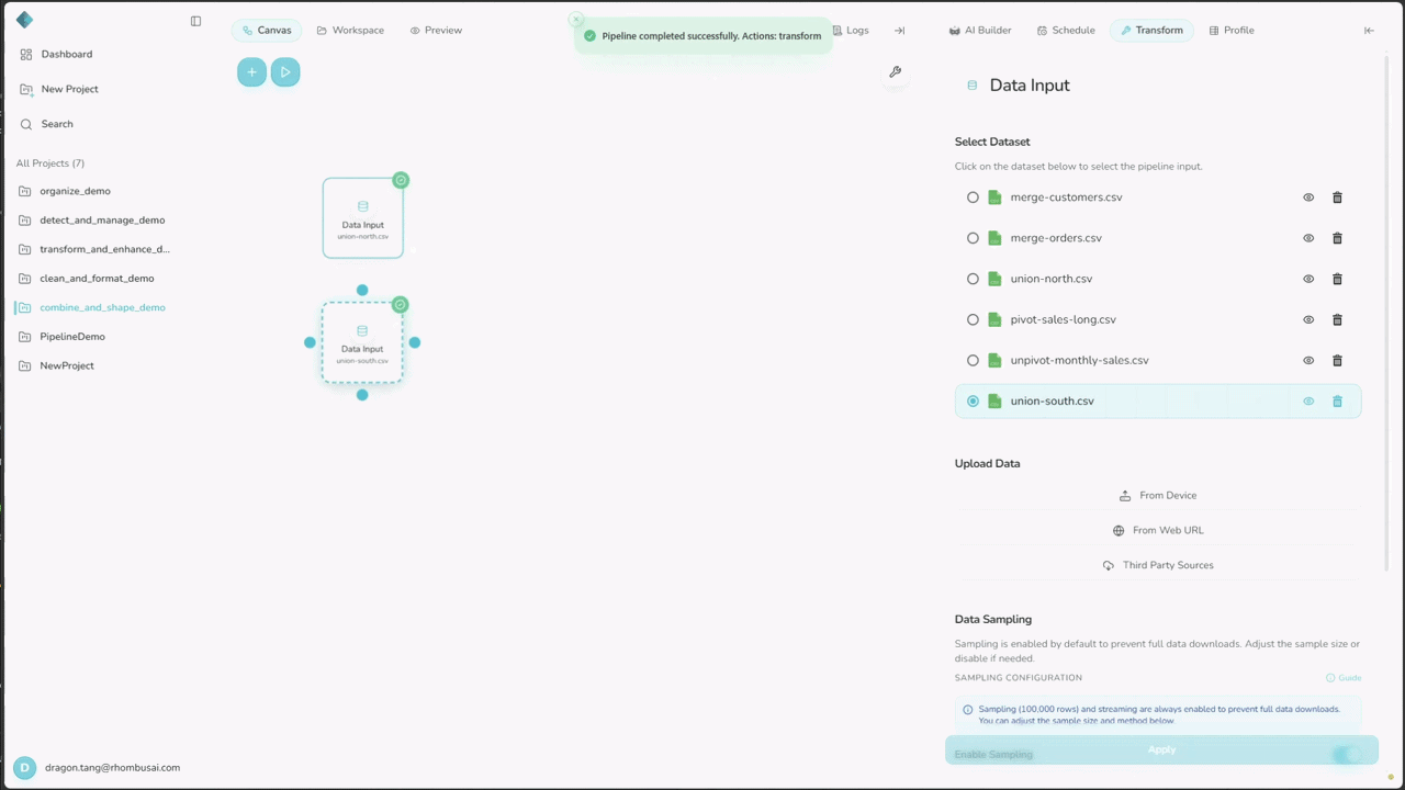 Configure and apply a Union transform